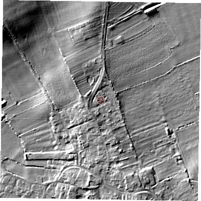 Shaded relief map of the ground around DN104BF, computed from Environment Agency LiDAR. The ground here sits at about 9 m above sea level and falls 14 m across the surrounding 800 m. Surface water reaching this point runs off ground lying to the south-west, 2.6 m higher.