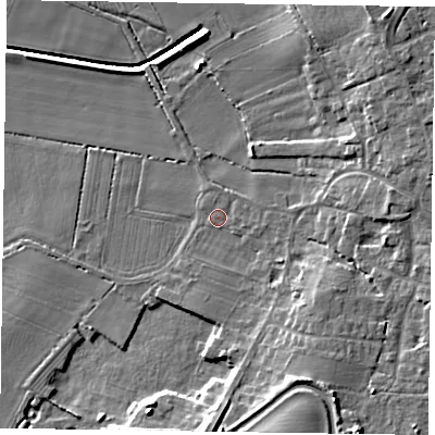 Shaded relief map of the ground around DN104BG, computed from Environment Agency LiDAR. The ground here sits at about 5 m above sea level and falls 12 m across the surrounding 800 m. Surface water reaching this point runs off ground lying to the south-south-east, 7.5 m higher.
