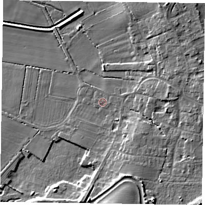 Shaded relief map of the ground around DN104BH, computed from Environment Agency LiDAR. The ground here sits at about 5 m above sea level and falls 12 m across the surrounding 800 m. Surface water reaching this point runs off ground lying to the south-south-east, 7.7 m higher.