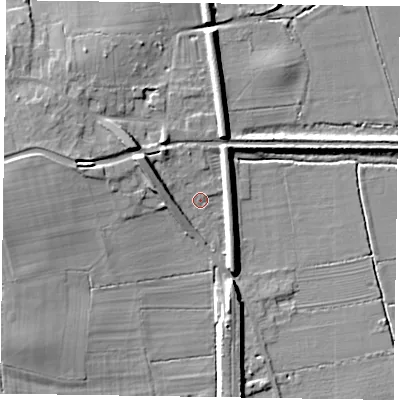 Shaded relief map of the ground around DN104DH, computed from Environment Agency LiDAR. The ground here sits at about 6 m above sea level and falls 9 m across the surrounding 800 m. Surface water reaching this point runs off ground lying to the west-north-west, 4.9 m higher.