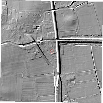 Shaded relief map of the ground around DN104DJ, computed from Environment Agency LiDAR. The ground here sits at about 6 m above sea level and falls 9 m across the surrounding 800 m. Surface water reaching this point runs off ground lying to the west-north-west, 6.4 m higher.