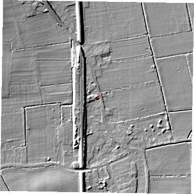 Shaded relief map of the ground around DN104DL, computed from Environment Agency LiDAR. The ground here sits at about 6 m above sea level and falls 8 m across the surrounding 800 m. Surface water reaching this point runs off ground lying to the south-west, 5.4 m higher.