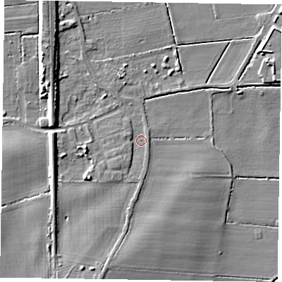 Shaded relief map of the ground around DN104DP, computed from Environment Agency LiDAR. The ground here sits at about 5 m above sea level and falls 8 m across the surrounding 800 m. Surface water reaching this point runs off ground lying to the south-south-west, 5.3 m higher.