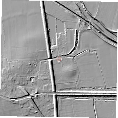 Shaded relief map of the ground around DN104DQ, computed from Environment Agency LiDAR. The ground here sits at about 5 m above sea level and falls 9 m across the surrounding 800 m. Surface water reaching this point runs off ground lying to the south-west, 7.3 m higher.
