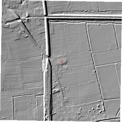 Shaded relief map of the ground around DN104DW, computed from Environment Agency LiDAR. The ground here sits at about 4 m above sea level and falls 9 m across the surrounding 800 m. Surface water reaching this point runs off ground lying to the west-south-west, 0.7 m higher.
