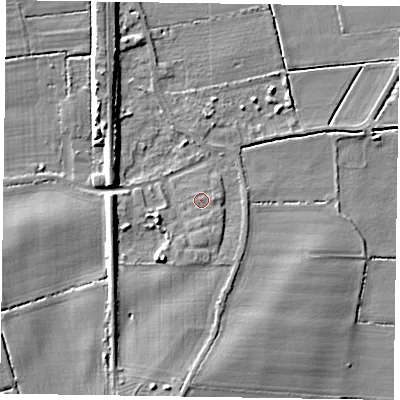 Shaded relief map of the ground around DN104DX, computed from Environment Agency LiDAR. The ground here sits at about 6 m above sea level and falls 8 m across the surrounding 800 m. Surface water reaching this point runs off ground lying to the south, 1.0 m higher.