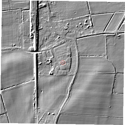 Shaded relief map of the ground around DN104DY, computed from Environment Agency LiDAR. The ground here sits at about 6 m above sea level and falls 8 m across the surrounding 800 m. Surface water reaching this point runs off ground lying to the east-south-east, 0.8 m higher.
