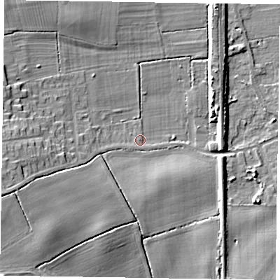 Shaded relief map of the ground around DN104ER, computed from Environment Agency LiDAR. The ground here sits at about 6 m above sea level and falls 16 m across the surrounding 800 m. Surface water reaching this point runs off ground lying to the south-south-west, 1.1 m higher.