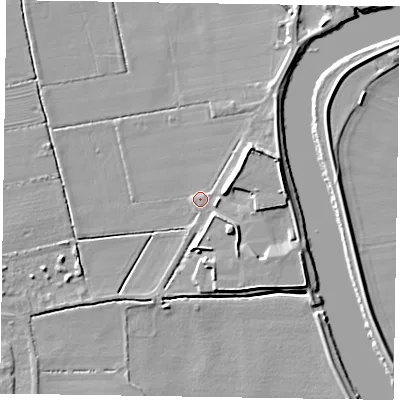 Shaded relief map of the ground around DN104ES, computed from Environment Agency LiDAR. The ground here sits at about 4 m above sea level and falls 7 m across the surrounding 800 m. Surface water reaching this point runs off ground lying to the south-east, 5.3 m higher.
