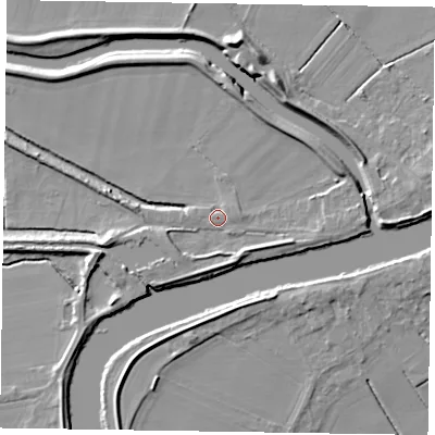 Shaded relief map of the ground around DN104ET, computed from Environment Agency LiDAR. The ground here sits at about 5 m above sea level and falls 8 m across the surrounding 800 m. Surface water reaching this point runs off ground lying to the south-south-east, 2.7 m higher.