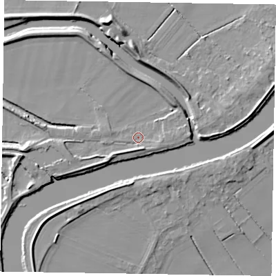 Shaded relief map of the ground around DN104EU, computed from Environment Agency LiDAR. The ground here sits at about 4 m above sea level and falls 8 m across the surrounding 800 m. Surface water reaching this point runs off ground lying to the north-east, 3.2 m higher.