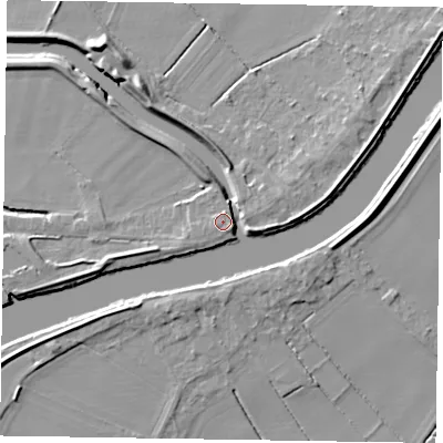 Shaded relief map of the ground around DN104EX, computed from Environment Agency LiDAR. The ground here sits at about 5 m above sea level and falls 8 m across the surrounding 800 m. Surface water reaching this point runs off ground lying to the east-south-east, 3.6 m higher.