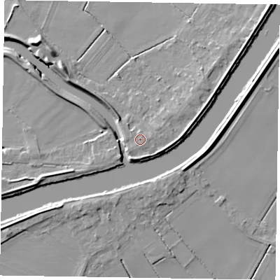 Shaded relief map of the ground around DN104EY, computed from Environment Agency LiDAR. The ground here sits at about 6 m above sea level and falls 8 m across the surrounding 800 m. Surface water reaching this point runs off ground lying to the south-east, 0.8 m higher.