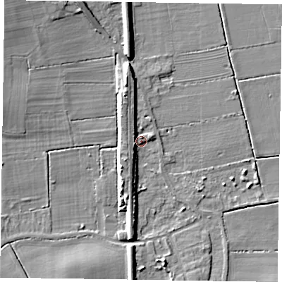 Shaded relief map of the ground around DN104FA, computed from Environment Agency LiDAR. The ground here sits at about 6 m above sea level and falls 10 m across the surrounding 800 m. Surface water reaching this point runs off ground lying to the south-west, 5.4 m higher.