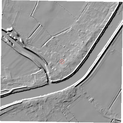 Shaded relief map of the ground around DN104FT, computed from Environment Agency LiDAR. The ground here sits at about 4 m above sea level and falls 8 m across the surrounding 800 m. Surface water reaching this point runs off ground lying to the south-south-east, 1.9 m higher.