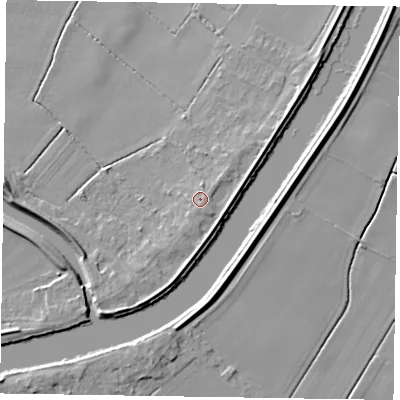 Shaded relief map of the ground around DN104HA, computed from Environment Agency LiDAR. The ground here sits at about 6 m above sea level and falls 8 m across the surrounding 800 m. Surface water reaching this point runs off ground lying to the east-north-east, 1.8 m higher.
