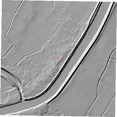 Shaded relief map of the ground around DN104HB, computed from Environment Agency LiDAR. The ground here sits at about 5 m above sea level and falls 6 m across the surrounding 800 m. Surface water reaching this point runs off ground lying to the east-south-east, 1.8 m higher.