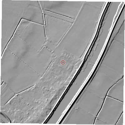 Shaded relief map of the ground around DN104HE, computed from Environment Agency LiDAR. The ground here sits at about 4 m above sea level and falls 6 m across the surrounding 800 m. Surface water reaching this point runs off ground lying to the east-south-east, 2.9 m higher.