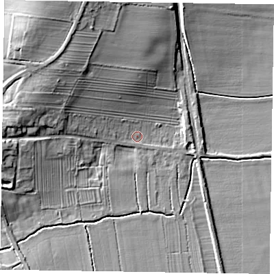 Shaded relief map of the ground around DN104JL, computed from Environment Agency LiDAR. The ground here sits at about 7 m above sea level and falls 16 m across the surrounding 800 m. Surface water reaching this point runs off ground lying to the west-north-west, 3.1 m higher.