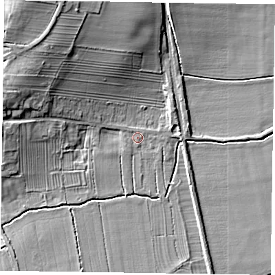 Shaded relief map of the ground around DN104JN, computed from Environment Agency LiDAR. The ground here sits at about 6 m above sea level and falls 16 m across the surrounding 800 m. Surface water reaching this point runs off ground lying to the north-west, 0.6 m higher.
