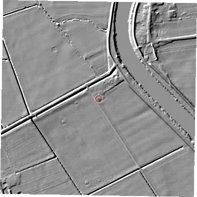 Shaded relief map of the ground around DN104JP, computed from Environment Agency LiDAR. The ground here sits at about 4 m above sea level and falls 5 m across the surrounding 800 m. Surface water reaching this point runs off ground lying to the west, 0.6 m higher.