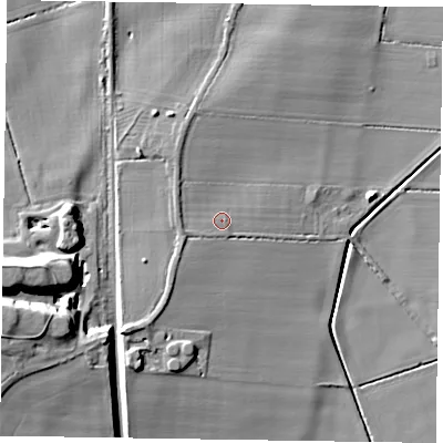 Shaded relief map of the ground around DN104JR, computed from Environment Agency LiDAR. The ground here sits at about 8 m above sea level and falls 19 m across the surrounding 800 m. Surface water reaching this point runs off ground lying to the west, 2.0 m higher.