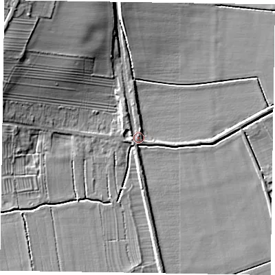Shaded relief map of the ground around DN104JW, computed from Environment Agency LiDAR. The ground here sits at about 7 m above sea level and falls 16 m across the surrounding 800 m. Surface water reaching this point runs off ground lying to the north-west, 14.2 m higher.