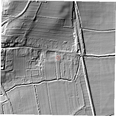 Shaded relief map of the ground around DN104JZ, computed from Environment Agency LiDAR. The ground here sits at about 6 m above sea level and falls 16 m across the surrounding 800 m. Surface water reaching this point runs off ground lying to the north-west, 4.9 m higher.