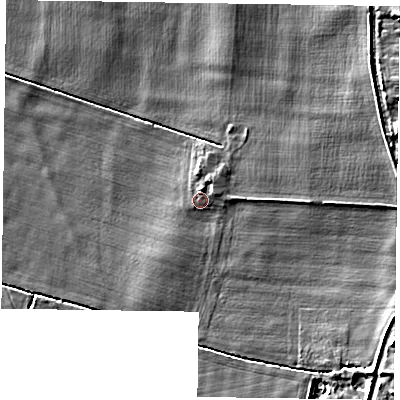 Shaded relief map of the ground around DN104LY, computed from Environment Agency LiDAR. The ground here sits at about 7 m above sea level and falls 9 m across the surrounding 800 m. Surface water reaching this point runs off ground lying to the east, 2.4 m higher.