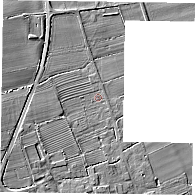 Shaded relief map of the ground around DN104PL, computed from Environment Agency LiDAR. The ground here sits at about 10 m above sea level and falls 16 m across the surrounding 800 m. Surface water reaching this point runs off ground lying to the west-south-west, 7.6 m higher.