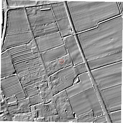 Shaded relief map of the ground around DN104PN, computed from Environment Agency LiDAR. The ground here sits at about 9 m above sea level and falls 14 m across the surrounding 800 m. Surface water reaching this point runs off ground lying to the west-south-west, 2.1 m higher.