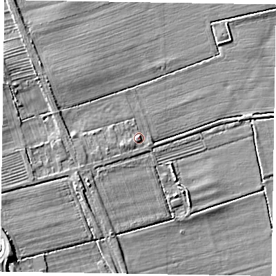 Shaded relief map of the ground around DN104PY, computed from Environment Agency LiDAR. The ground here sits at about 7 m above sea level and falls 12 m across the surrounding 800 m. Surface water reaching this point runs off ground lying to the west-south-west, 3.3 m higher.