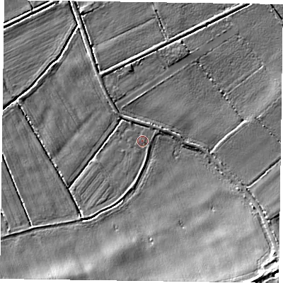 Shaded relief map of the ground around DN104SL, computed from Environment Agency LiDAR. The ground here sits at about 5 m above sea level and falls 13 m across the surrounding 800 m. Surface water reaching this point runs off ground lying to the south-east, 11.4 m higher.