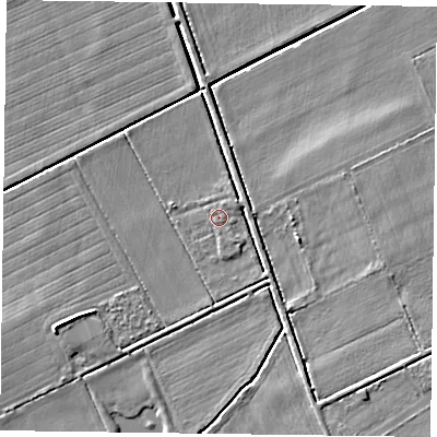 Shaded relief map of the ground around DN104SN, computed from Environment Agency LiDAR. The ground here sits at about 3 m above sea level and falls 5 m across the surrounding 800 m. The ground contributing surface water to this point lies to the south-south-east.