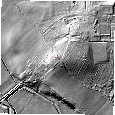 Shaded relief map of the ground around DN105AF, computed from Environment Agency LiDAR. The ground here sits at about 20 m above sea level and falls 17 m across the surrounding 800 m. Surface water reaching this point runs off ground lying to the east-south-east, 2.0 m higher.