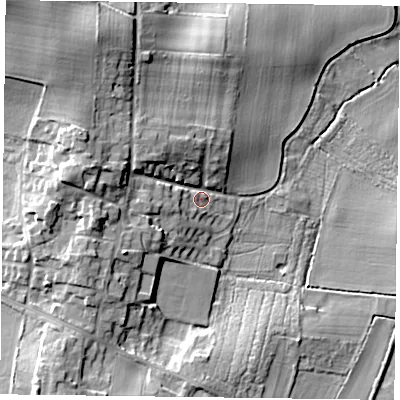 Shaded relief map of the ground around DN105AZ, computed from Environment Agency LiDAR. The ground here sits at about 8 m above sea level and falls 18 m across the surrounding 800 m. Surface water reaching this point runs off ground lying to the west-north-west, 10.4 m higher.