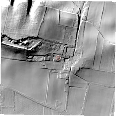 Shaded relief map of the ground around DN105BU, computed from Environment Agency LiDAR. The ground here sits at about 22 m above sea level and falls 38 m across the surrounding 800 m. Surface water reaching this point runs off ground lying to the north-west, 18.9 m higher.