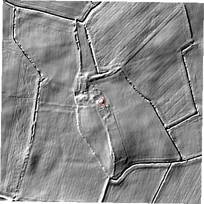 Shaded relief map of the ground around DN105BX, computed from Environment Agency LiDAR. The ground here sits at about 5 m above sea level and falls 7 m across the surrounding 800 m. Surface water reaching this point runs off ground lying to the south, 1.7 m higher.