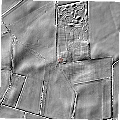 Shaded relief map of the ground around DN105BY, computed from Environment Agency LiDAR. The ground here sits at about 5 m above sea level and falls 6 m across the surrounding 800 m. Surface water reaching this point runs off ground lying to the west-south-west, 0.9 m higher.