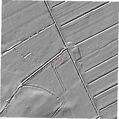 Shaded relief map of the ground around DN105DA, computed from Environment Agency LiDAR. The ground here sits at about 2 m above sea level and falls 5 m across the surrounding 800 m. Surface water reaching this point runs off ground lying to the south-south-west, 3.7 m higher.