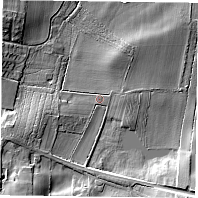 Shaded relief map of the ground around DN105DR, computed from Environment Agency LiDAR. The ground here sits at about 6 m above sea level and falls 16 m across the surrounding 800 m. Surface water reaching this point runs off ground lying to the south-west, 10.7 m higher.