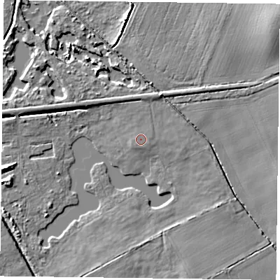 Shaded relief map of the ground around DN105EA, computed from Environment Agency LiDAR. The ground here sits at about 7 m above sea level and falls 8 m across the surrounding 800 m. The ground contributing surface water to this point lies to the east-north-east.