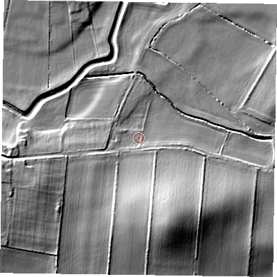 Shaded relief map of the ground around DN105HL, computed from Environment Agency LiDAR. The ground here sits at about 7 m above sea level and falls 15 m across the surrounding 800 m. Surface water reaching this point runs off ground lying to the south, 9.8 m higher.