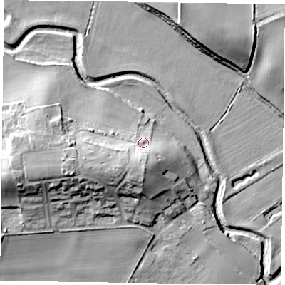 Shaded relief map of the ground around DN105HU, computed from Environment Agency LiDAR. The ground here sits at about 12 m above sea level and falls 18 m across the surrounding 800 m. Surface water reaching this point runs off ground lying to the south, 10.2 m higher.