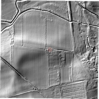 Shaded relief map of the ground around DN106AD, computed from Environment Agency LiDAR. The ground here sits at about 13 m above sea level and falls 16 m across the surrounding 800 m. Surface water reaching this point runs off ground lying to the west, 1.3 m higher.