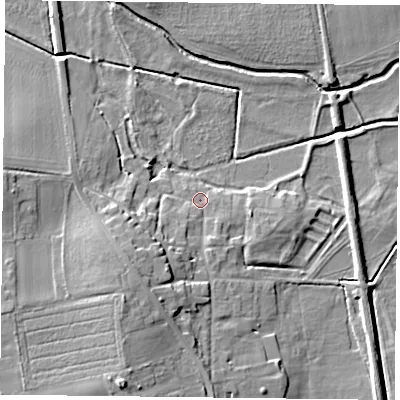 Shaded relief map of the ground around DN106AG, computed from Environment Agency LiDAR. The ground here sits at about 6 m above sea level and falls 12 m across the surrounding 800 m. Surface water reaching this point runs off ground lying to the south-west, 7.2 m higher.