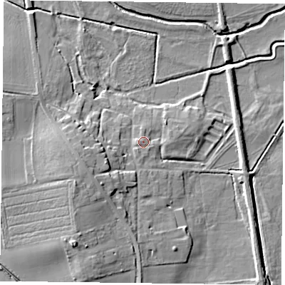 Shaded relief map of the ground around DN106AH, computed from Environment Agency LiDAR. The ground here sits at about 8 m above sea level and falls 12 m across the surrounding 800 m. Surface water reaching this point runs off ground lying to the south-west, 1.7 m higher.