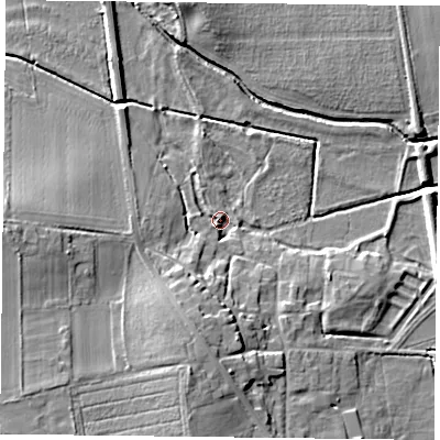 Shaded relief map of the ground around DN106AQ, computed from Environment Agency LiDAR. The ground here sits at about 6 m above sea level and falls 11 m across the surrounding 800 m. Surface water reaching this point runs off ground lying to the south-south-west, 8.7 m higher.
