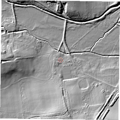 Shaded relief map of the ground around DN106BA, computed from Environment Agency LiDAR. The ground here sits at about 8 m above sea level and falls 15 m across the surrounding 800 m. Surface water reaching this point runs off ground lying to the south, 1.9 m higher.