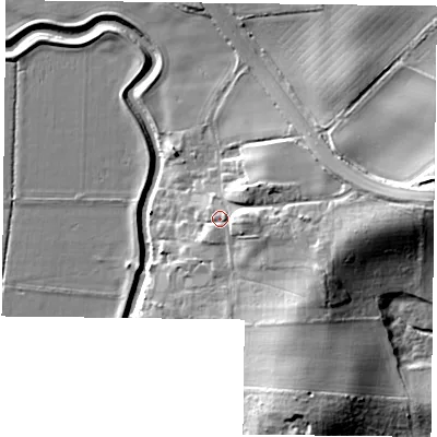 Shaded relief map of the ground around DN106BL, computed from Environment Agency LiDAR. The ground here sits at about 10 m above sea level and falls 17 m across the surrounding 800 m. Surface water reaching this point runs off ground lying to the east-south-east, 5.3 m higher.